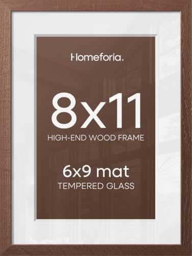 Image of Homeforia 8x11 Brown Oak Picture Frame, High-End Wood, 6x9 Mat, Glass | High End Solid Oak Wood, Tempered Glass, Acid-Free 6x9 Removable Mat, 8x11 Edge-to-Edge Display 11x8, Wall Kit, Set Of 1