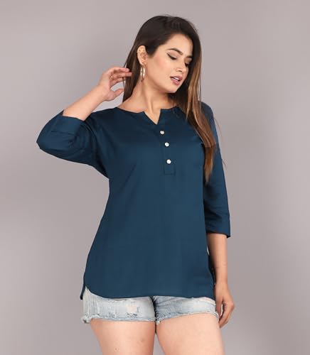 Image of Himanshi enterprises Women's Traditional Casual 3 /4 Sleeves Mandarin Nack Rayon Solid Short Kurti