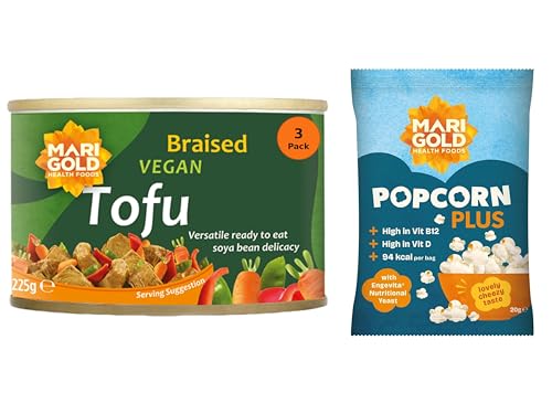 Image of Marigold Health Foods Braised Vegan Tofu 225g (Pack of 3) + Free Popcorn – High Protein Plant-Based Soya, Ready to Eat, Gluten Free, Traditional Asian Recipe, Versatile Meat Alternative