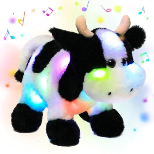 Image of Hopearl LED Musical Stuffed Cow Lighting Up Singing Plush Toy Adjustable Volume Lullaby Animated Soothe Birthday Festival for Kids Toddler Girls, 12''