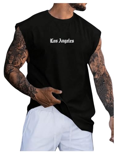 OYOANGLE Men's Sleeveless Shirts Tank Top Summer Casual Graphic Tee Letter Print Crew Neck T-Shirt