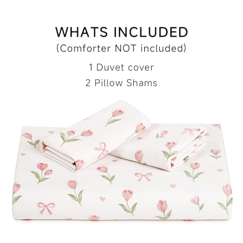 Image of Floral Duvet Cover Set Full Size,Pink Tulip Bow Ties Reversible Bedding Set with Heart Pattern for Girls Kids,Romantic Microfiber Comforter Cover 3Pcs with Zipper Closure and 2 Pillowcases