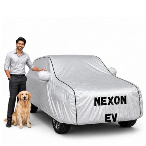 Image of Waterproof Car Cover for Nexon Ev | Soft Cotton Lining Heavy Duty Triple Stitched Heat Resistant Outdoor Cover Comes with Mirror and Antenna Pocket Full Bottom Elastic (Zig Zag Silver)