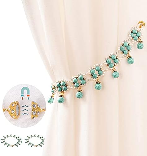 Tayis Magnetic Curtain Tiebacks Elegant Handmade Pearl Tie Backs for Home Office Sheer Curtains Decorative (Turquoise, 2)