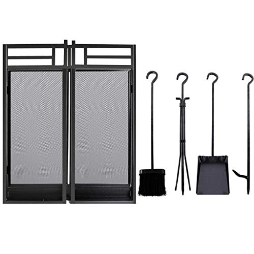 Amagabeli Fireplace Screen with Doors Large Flat Guard Fire Screens with Tools Outdoor Metal Decorative Mesh Solid Wrought Iron Fire Place Panels Wood Burning Stove Accessories Black