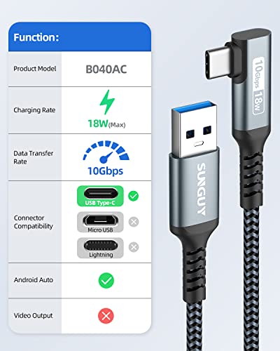 Image of SUNGUY 1.5FT USB C to USB A 10Gbps Cable, Right Angle, 3A Fast Charging, Grey, Compatible with Samsung Galaxy S22 S21, Smartphone, Indoor Use