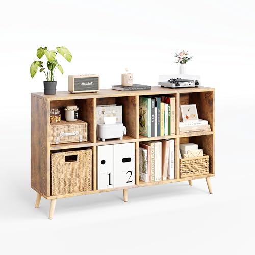 8-Cube Bookshelf 2 Tier Retro Bookcase with Legs, 11in Shelf Opening, 47″ Wood Bookshelves Storage Organizer Shelf, Freestanding Open Book Shelves for Bedroom Living Room Office, Vintage Brown