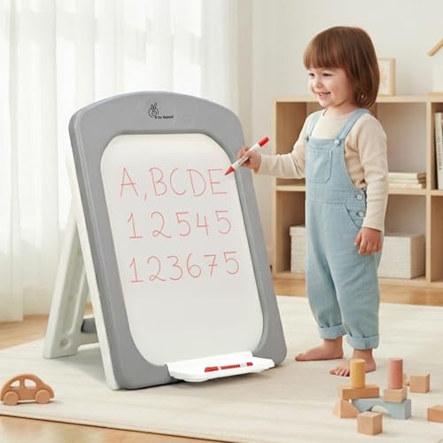 Image of R for Rabbit Little Genius Doodle Whiteboard for Kids Drawing Activity Board Rounded Corner Design Foldable 7-Level Adjustable Height & Handy Storage Tray for 3-7 Years Kids (Grey White)