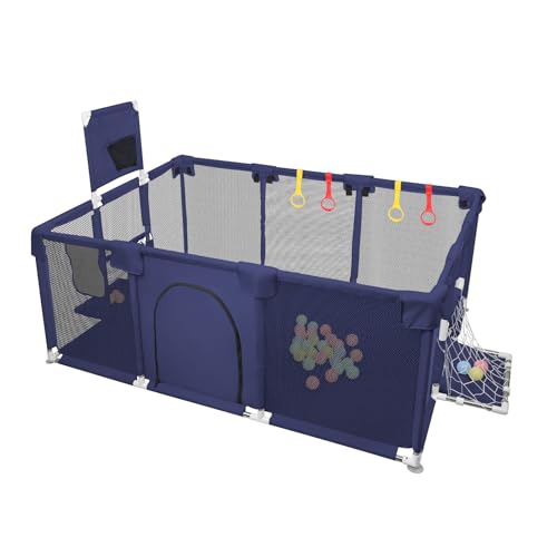 MUL BOUTIQUE parque infantil bebe con 50 pelotas + 4 anillas + 4 ventosas, grande corral bebe (180 x 120 x 66 cm), parques infantiles bebes Estabilizar, para salón y dormitorio. (Azul marino)