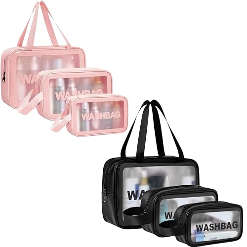 Image of Catron Waterproof Wash Bag Pouch for Travel Kit Toiletry Bag Pink Faux Leather, 6-Piece Travel Makeup, Brushes & Accessories Toiletry Organiser with Clear Window (Pink+Black, 3 pcs Set)