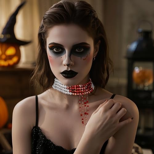 WEINIBAO Perlenkette Blut, Halloween Kostüm Zubehör Damen mit Blutige Perlenkette, Verstellbarer Blut Kette Halloween für Damen Mädchen, Blut Halskette für Halloweens Karneval Fasching Maskerade (C)