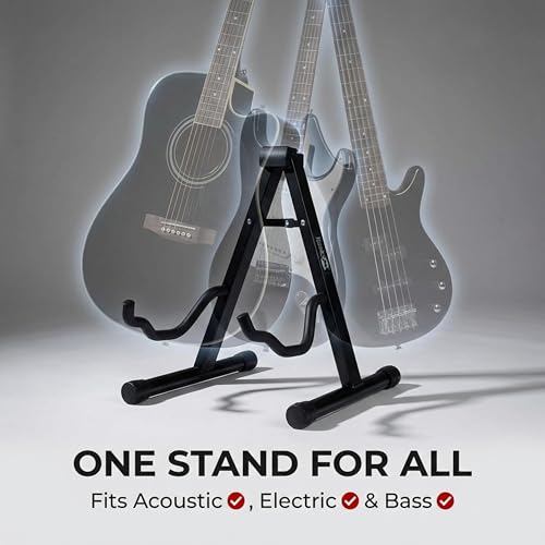 Image of RockJam A Frame Folding Guitar Stand with Cushioned Arms | Folding A frame guitar stand with soft foam arms and neoprene padding for acoustic, electric and bass guitars