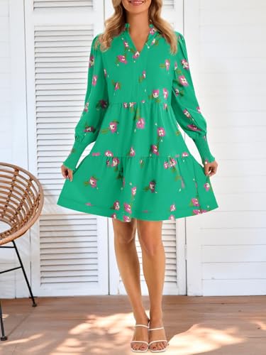 Image of Imily Bela Womens Fall Long Sleeve Tunic Dress Casual V Neck Tiered Dress | Loose,Swing,A-Line,Ruffled Collar,Puff Balloon Sleeve,Smocked Elastic Cuffs,Tiered Layered Ruffle Hem,Babydoll,Loose,Mini