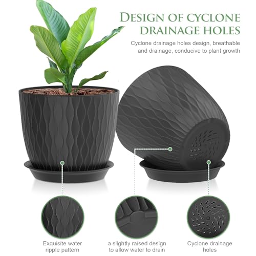 MUAEEOK 18CM 5 Pack Plant Pots Indoor Stripe Grooves Plastic Flower Pots with Drainage Holes and Tray - Image 4