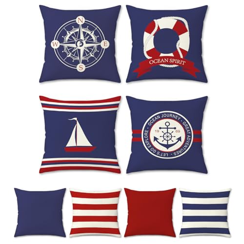 Bonhause Fundas de Cojín Náutico Ancla Brújula 45 x 45 cm Funda de Almohada Velero Azul Marino y Rojo Poliéster Lino Cojines Decorativos para Sofá Cama Hogar Exterior Juego de 4