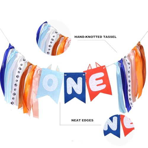 Image of Light Blue Navy Orange High Chair Banner and Cake Topper Cute Puppy Highchair Garland One Happy Birthday Highchair Photo Prop