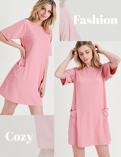 Image of Ekouaer Sleep Shirts for Women Nightgown Short Sleeves T shirt Night Dress Round Neck Womans Nightgown with Pocket S-XXL