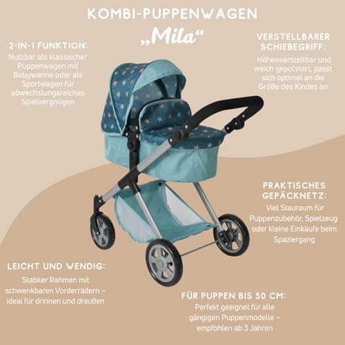 Poussette de poupée 2 en 1 Mila Bayer Chic 2000 avec poignée réglable turquoise