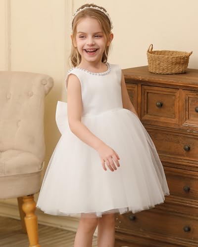 Satin Tulle Flower Girl Dress for Wedding Pearls Bow Knot Birthday Communion Pageant Prom Ball Gown3