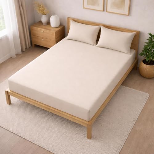 Image of THE HOME STYLE Solid Plain Cotton Feel Fitted Bedsheet King Size (72x78 inches) | 2 Pillow Covers | 300 TC | Elastic Fit | Fits Upto 8 Inch Mattress (Cream)