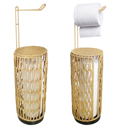 Oranwell 2 Pack Free Standing Toilet Paper Holder with Shelf, Bathroom Floor Toilet Tissue Holder Stand Handwoven Bath Pedestal Round Toilet Paper Roll Holder Storage Organizer Basket Rack Dispenser