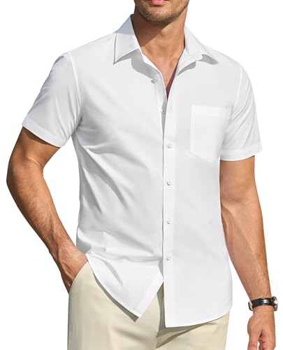 DEMEANOR Mens Short Sleeve Dress Shirts Cotton Solid Casual Summer Wedding Button Down Shirt with Pocket
