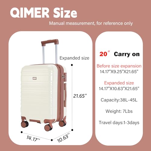 QIMER Carry on Luggage, 20Inch Expandable Luggage Airline Approved Hard Shell PC Suitcases with Wheels 22x14x9 TSA Lock Durable Zipper Lightweight Travel for Men and Women, Beige by QIMER - Used condition - Image 2