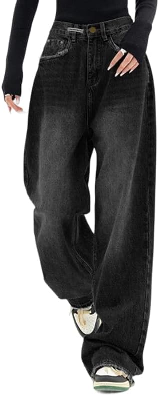 EMMIOL Women Baggy Jeans Mid-Low Waist Boyfriend Streetwear Vintage Jeans Wide Leg Denim Pants