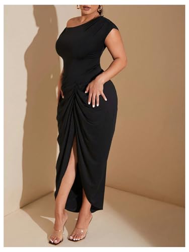Floerns Women's Plus Size Asymmetrical Neck Long Dress Ruched Slit Hem Cocktail Dress2