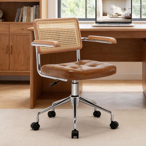 Zesthouse Modern Home Office Chair Leather Desk Chair with Natural Rattan Back, Vanity Chair for Girls Women, Upholstered Tufted Swivel Armchair, Height Adjustable Computer Task Chair