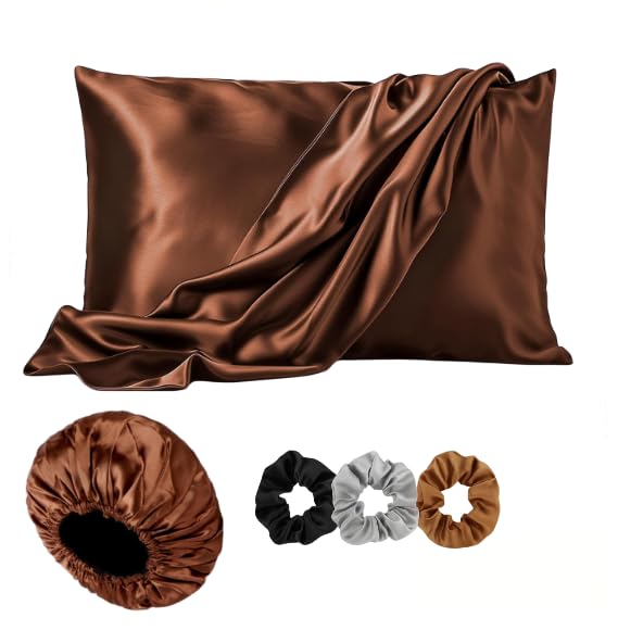 Image of Satin Pillow Cover with Silk Bonnet & 3 Premium Scrunchies - Hair & Skin Care Set for Women - Anti-Frizz Sleeping Combo - Gift Pack (Brown)