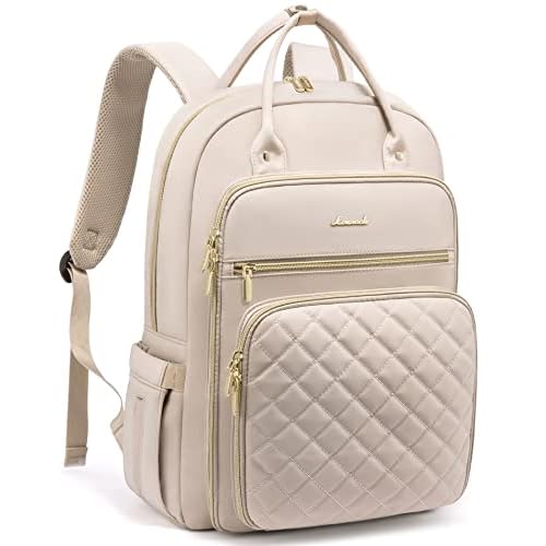LOVEVOOK Laptop Backpack for Women, 15.6 Inch Computer Backpack for Teacher Nurse with Water Resistant, Lightweight Travel Work Backpack with USB Charging Port, Quilted Commuter Backpack purse, Beige