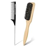 Alaoo Wildschweinborsten Bürste, 2 Stücke Haarbürste aus Holz & Rattenschwanzkämme für Damen und Herren, Entwirrungsbürste für Haar und Bart Styling, schwarz Scheitelkämme zum Flechten von Haaren,A