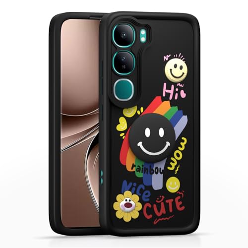 Image of Pikkme Back Cover for Vivo Y300 5G / Vivo V40 Lite 5G | Soft Silicone| Cute Rainbow Smile & 3D Cartoon Flower Design | Shockproof Raised Camera Protection Bumper Case (Black)