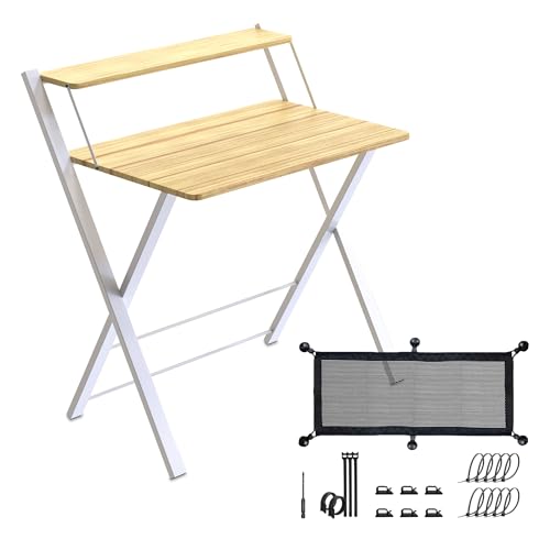 Escritorio Plegable con Estante para Monitor , Mesa Escritorio Pequeña sin Montaje , Escritorio Blanco para Oficina , Estudio o Casa , Ideal como Mesa Ordenador Portátil o Escritorio Abatible.