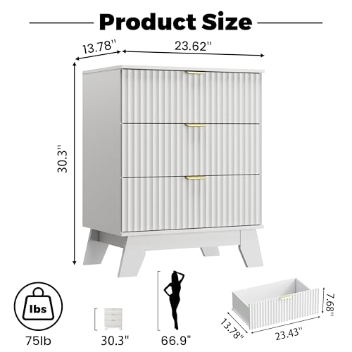Image of Wodeer White Night Stand with 3 Drawers, Bedside Table & End Table, 24 inch Wide Mid Century Modern Fluted Wood Nightstand with Metal Handles, Farmhouse Night Stands for Bedroom