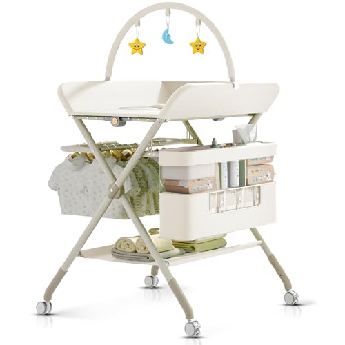 Image of Changing Table, Portable Baby Changing Table with Wheels, Upgraded Foldable Diaper Changing Station with 5-Level Adjustable Height & Large Nursery Organizer Storage for Newborn Infant (Beige)
