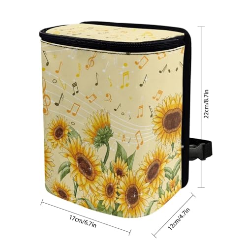 Image of Talayituse Sunflower Music Note Print Car Trash Bin, Large Size Auto Trash Can Adjustable Portable Garbage Can with Lid, Vehicle Hanging Bag for Headrest Front Back Seat
