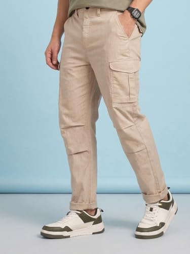 Image of Vogaan Men Cotton Linen Blend Cargo Pants | Mid Rise Regular Fit Casual Trousers | Multi Pocket Utility Bottom Wear | Comfortable Breathable Fabric Travel Outdoor Styling