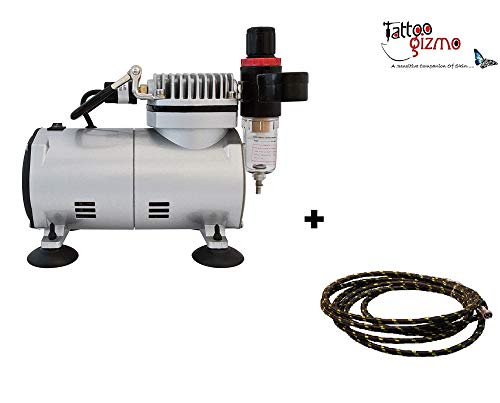 Aerograph 1/5 Hp Ac Rubber And Braided Nylon 3 Watts Airbrush Mini Air Compressor With 10 Ft Hose Pipe