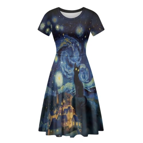 Image of HUGS IDEA Womens Puffy Swing Midi Dress Round Neck Short Sleeve Party A-Line Dresses