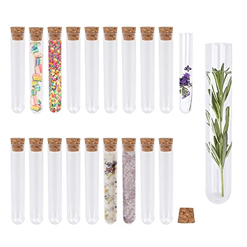 KINDPMA 20PCS Tubes à Essai Plastique 18ml Eprouvette Plastique avec Bouchon en Liège Tube à Essai Transparent pour Laboratoire Bonbons Fleurs Plantes Epices Cadeaux Mariage/Anniversaire/Noël