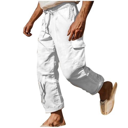 Cambkatl Men's Cotton Linen Cargo Pants Straight Leg Casual Drawstring Elastic Waist Lightweight Work Pants with Pockets