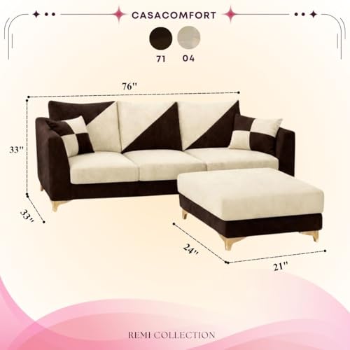 Image of Juliet 4 Seater L Shape Sofa Set with Movable Ottomans | Flexible Layout | Rich Velvet Suede Fabric | Silver Legs | Dual Tone Modern Sofa for Living Room (Dark Brown-Cream)