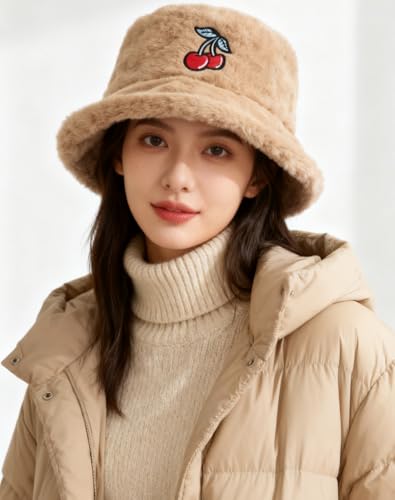 Image of Bucket Hat Women Furry Fuzzy Bucket Hats for Ladies, Winter Warm Fluffy Plush Faux Fur Hat for Women