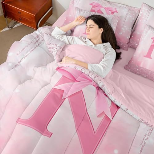 Image of Feelyou Boys Girls Pink Bowknot Bed in A Bag Queen Size, Personalized Initial N 7 Pieces Bedding Set Princess Glitter Comforter Set with Sheets Kids Bow Monogrammed Teens Bed Set Bedroom Decor 7Pcs