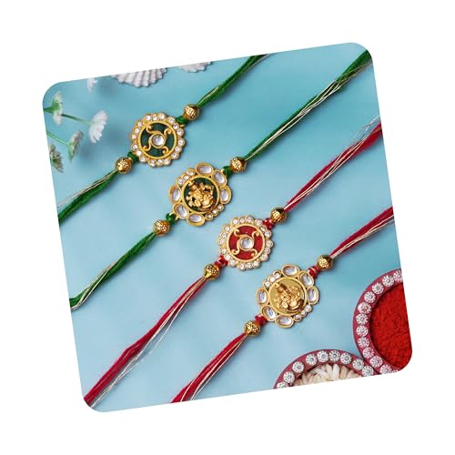 Image of eCraftIndia Set of 4 Red Golden White Pearls Rakhi for Brother Bhaiya Bhai | Roli Chawal Pack | Rakhi Combo