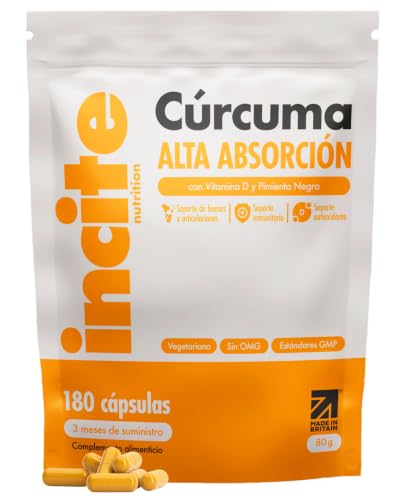 Incite Nutrition Comprimidos de Cúrcuma 2000 mg con Vitamina D. Suministro para 3 Meses de Curcumina. Antioxidante, Antiinflamatorio, Alta Potencia para el Sistema Inmune. Sin OGM y Aptos Vegetarianos