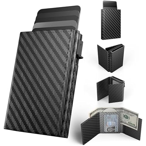 INTPIHP Mens Wallet Card Holder Pop up Card Case,Carbon Fiber Leather Slim Wallet，RFID Blocking 8-9 Card Capacity | ID Window | Cash Slot Minimalist Wallet for Men Black Cover