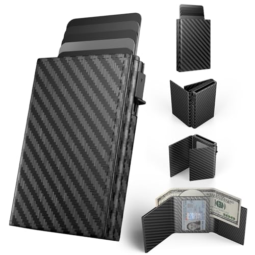 Mens Wallet Card Holder Pop up Card Case,Carbon Fiber Leather Slim Wallet，RFID Blocking 8-9 Card Capacity | ID Window | Cash Slot Minimalist Wallet for Men Black